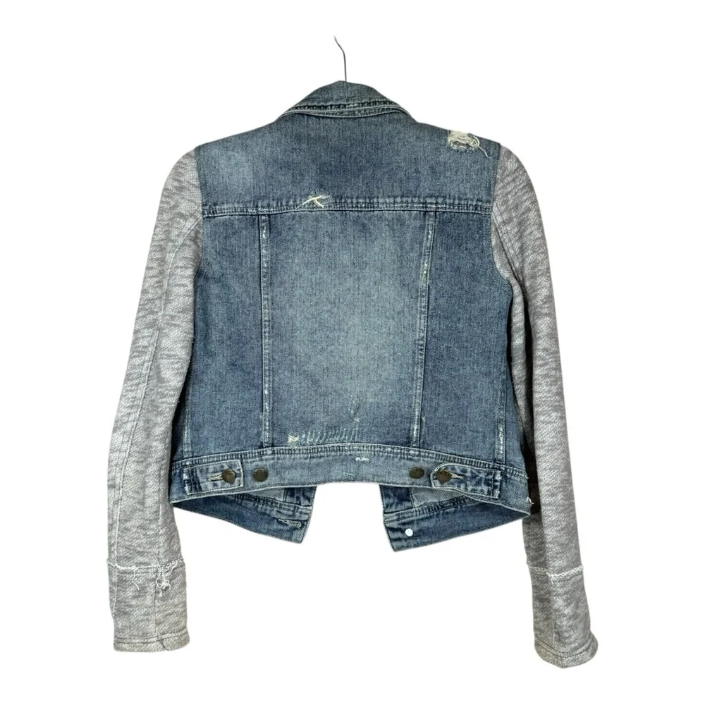 Free People Distressed Denim Jean Jacket With Gray Knit Long Sleeves Size XS - Picture 9 of 13